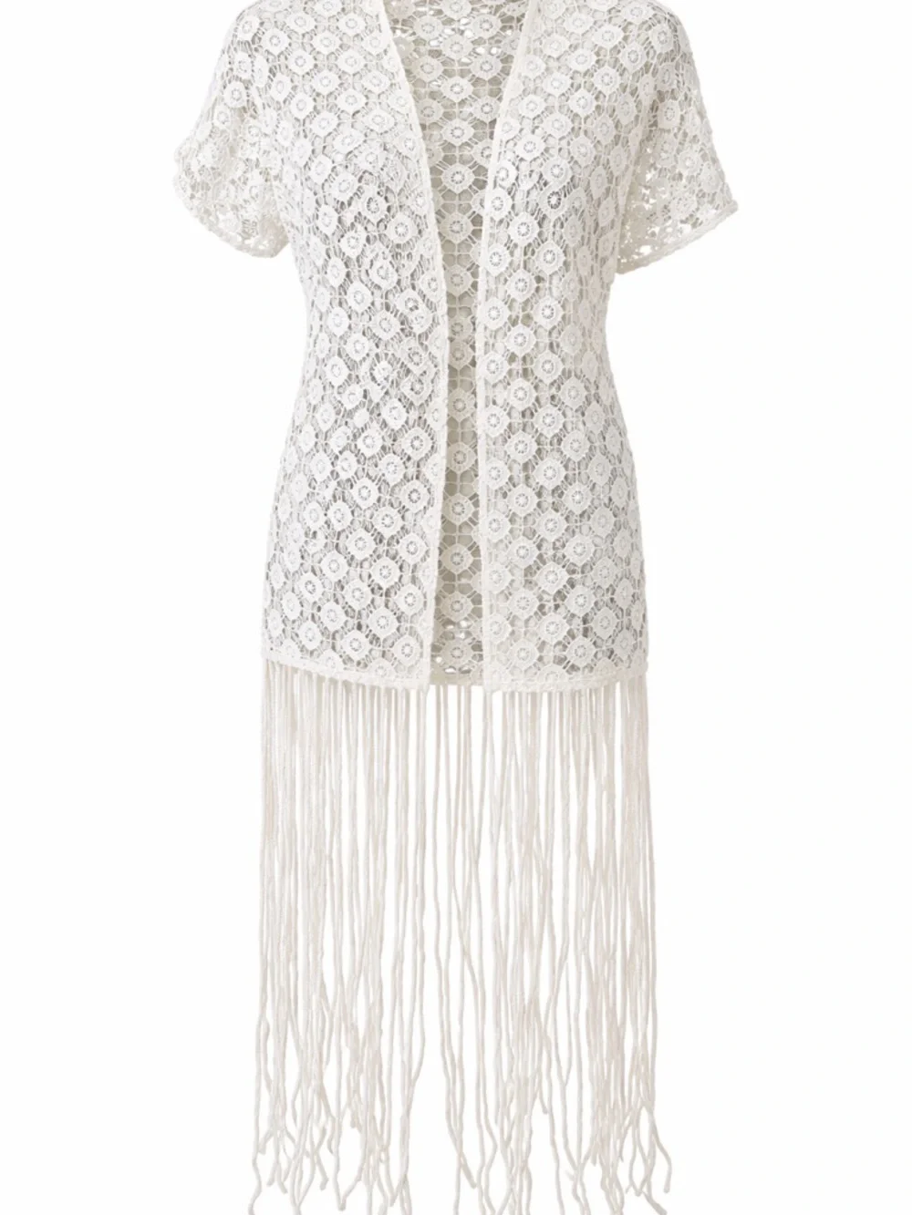 NWT Iris Ivory Crochet Lace Fringe Kimono Cardigan S/M Boho Festival Cover Up